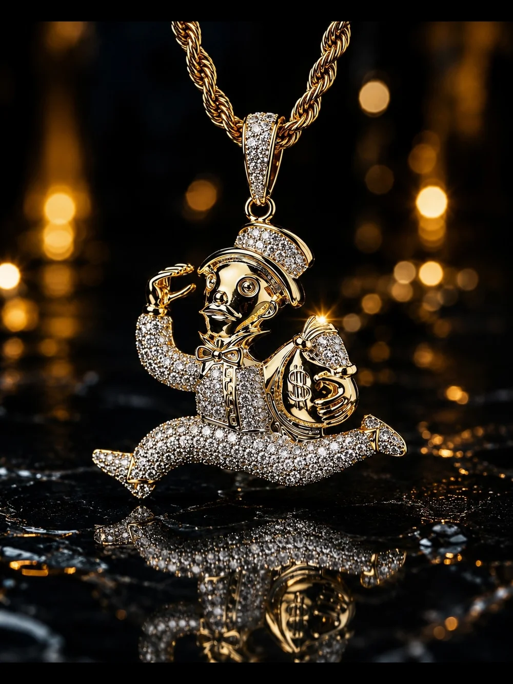Gold Tone Hip Hop Iced Running Cash Pendant Necklace